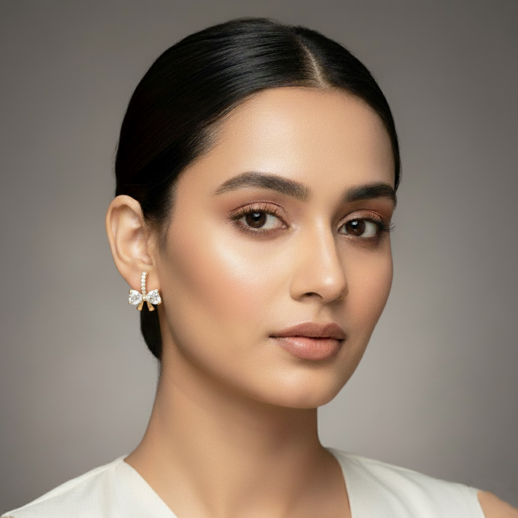 Woman wearing earrings with a neutral background