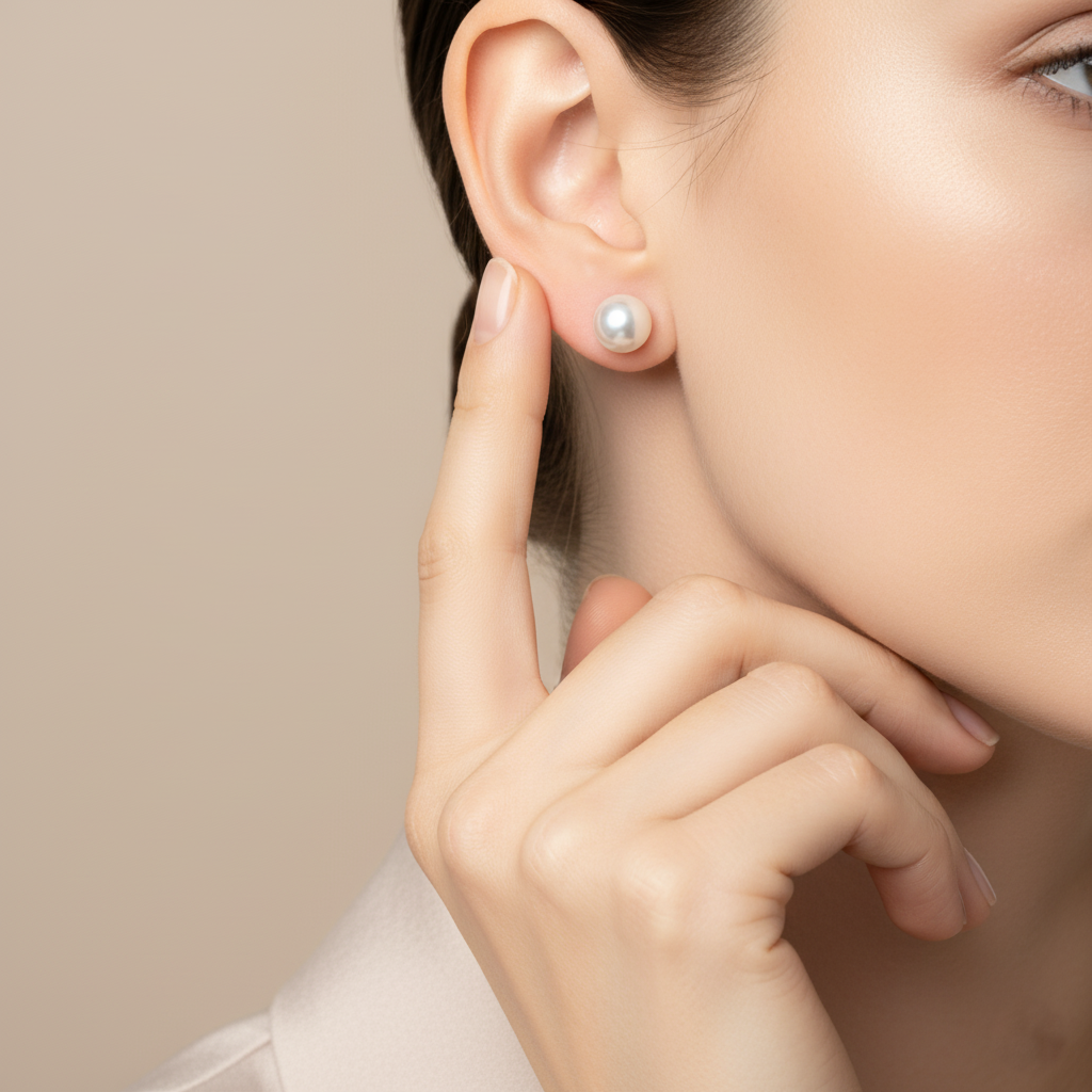Close-up of a woman wearing pearl earrings with a neutral background