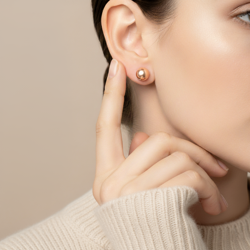 Close-up of a woman wearing rose gold earrings with a neutral background