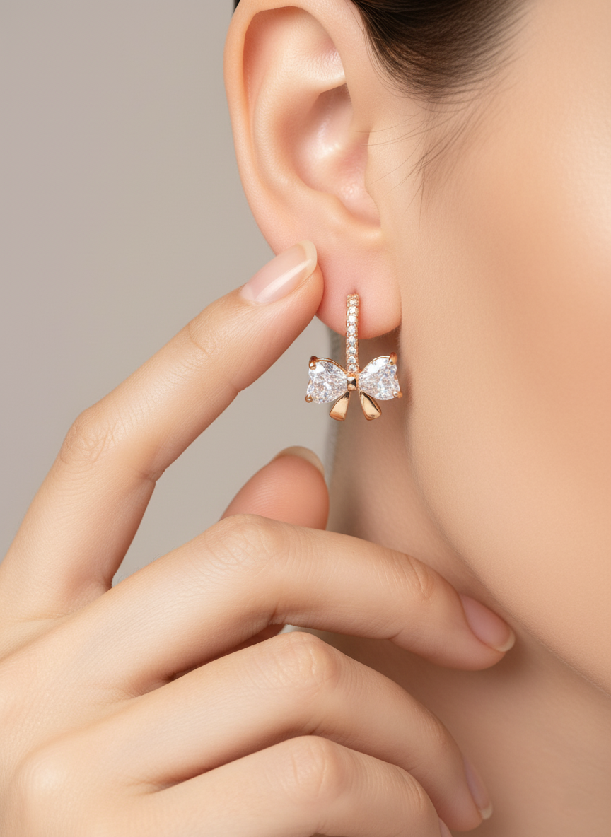Close-up of a diamond earring being worn, with a hand adjusting it.
