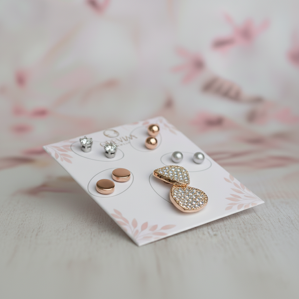 Set of earrings on a display card with a floral background