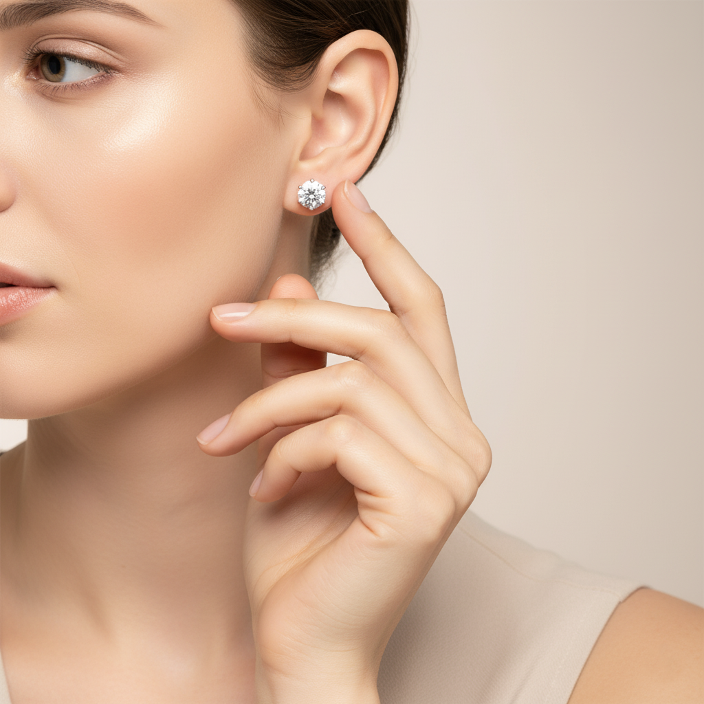 Close-up of a woman wearing diamond earrings with a neutral background